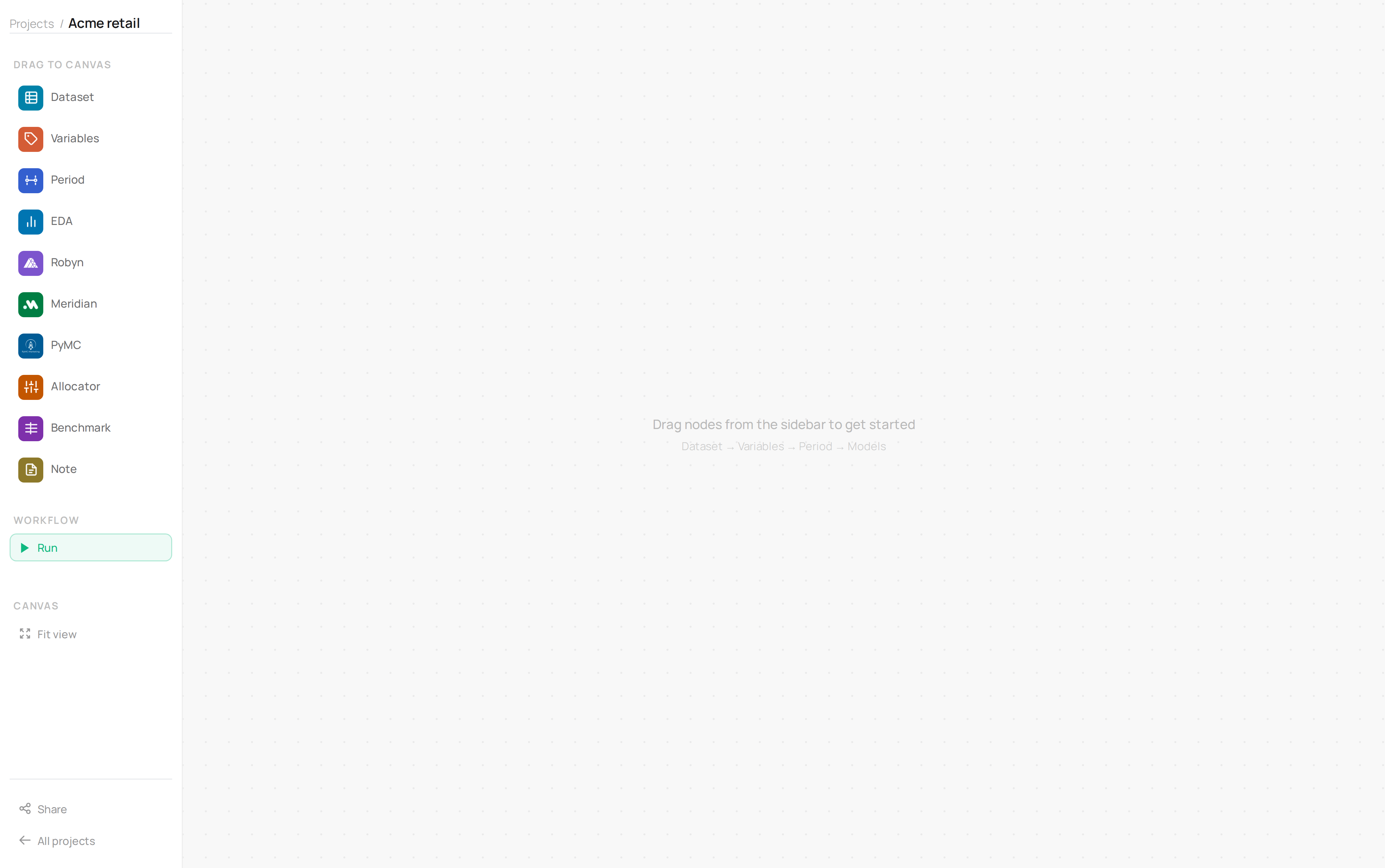 An empty canvas with the node sidebar open