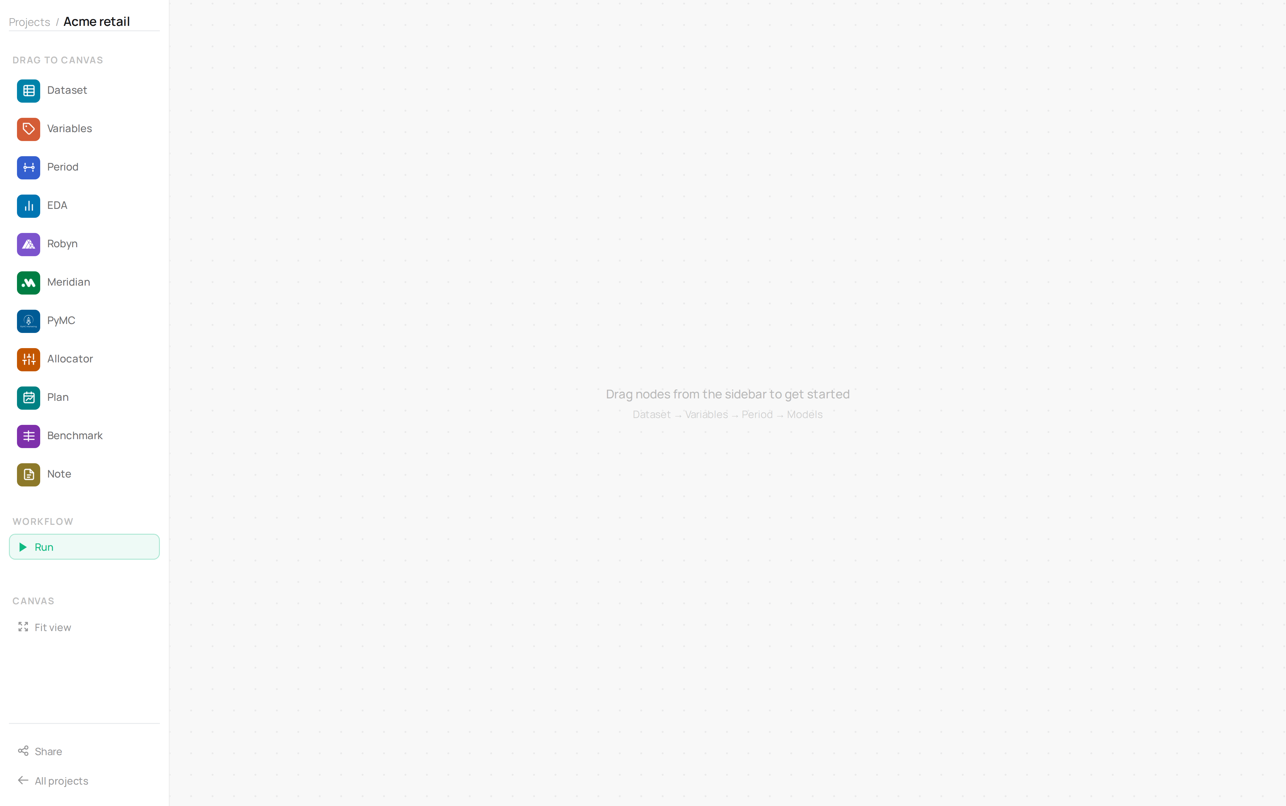 An empty canvas with the node sidebar open