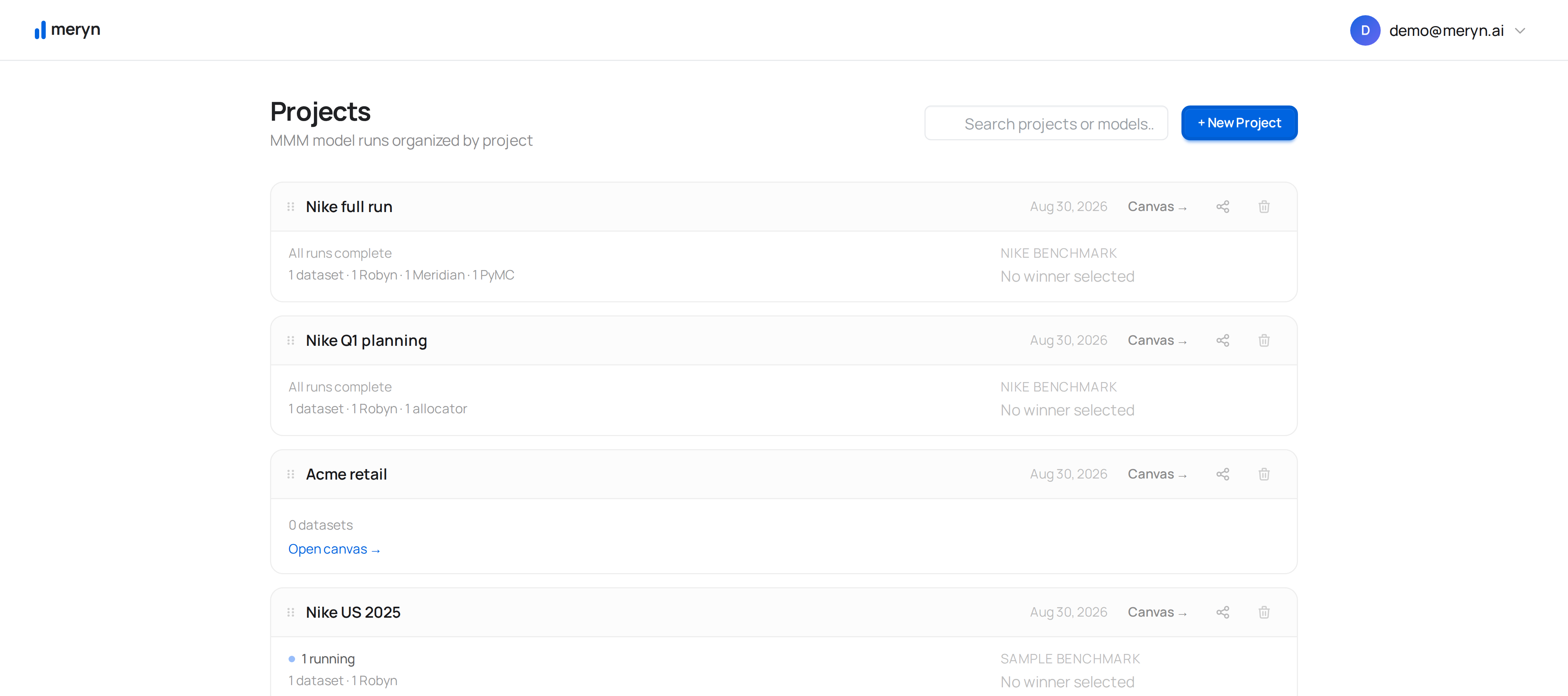 The Projects page, with New project in the top corner