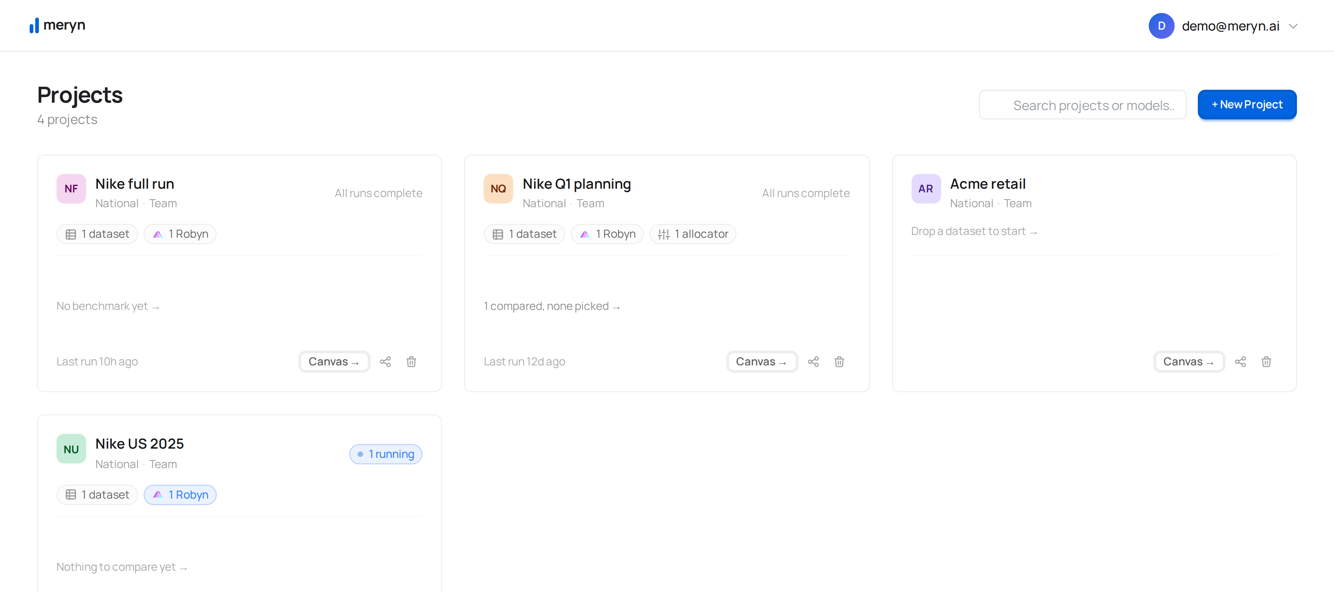 The Projects page, with + New Project in the top corner