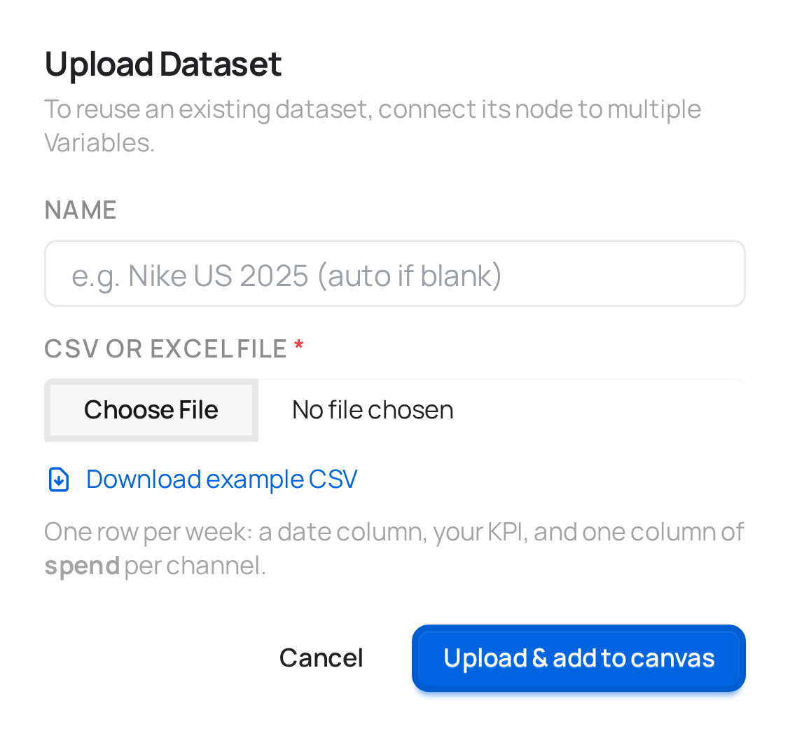 The dataset upload modal