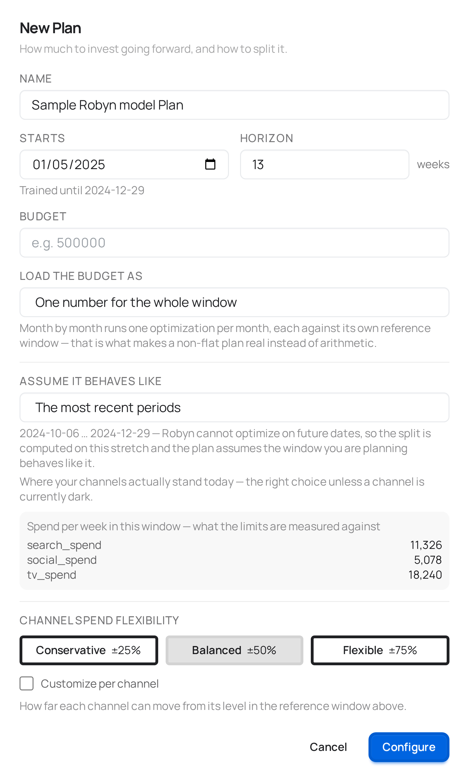 The plan configuration modal