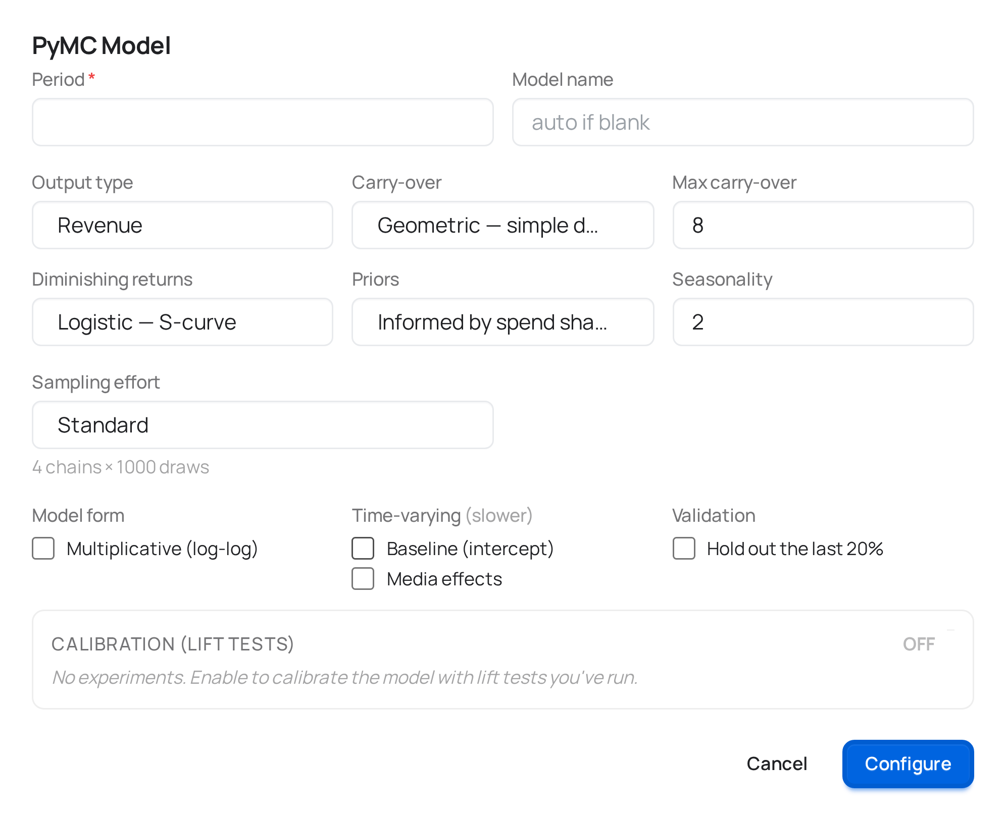 The PyMC guided configuration modal