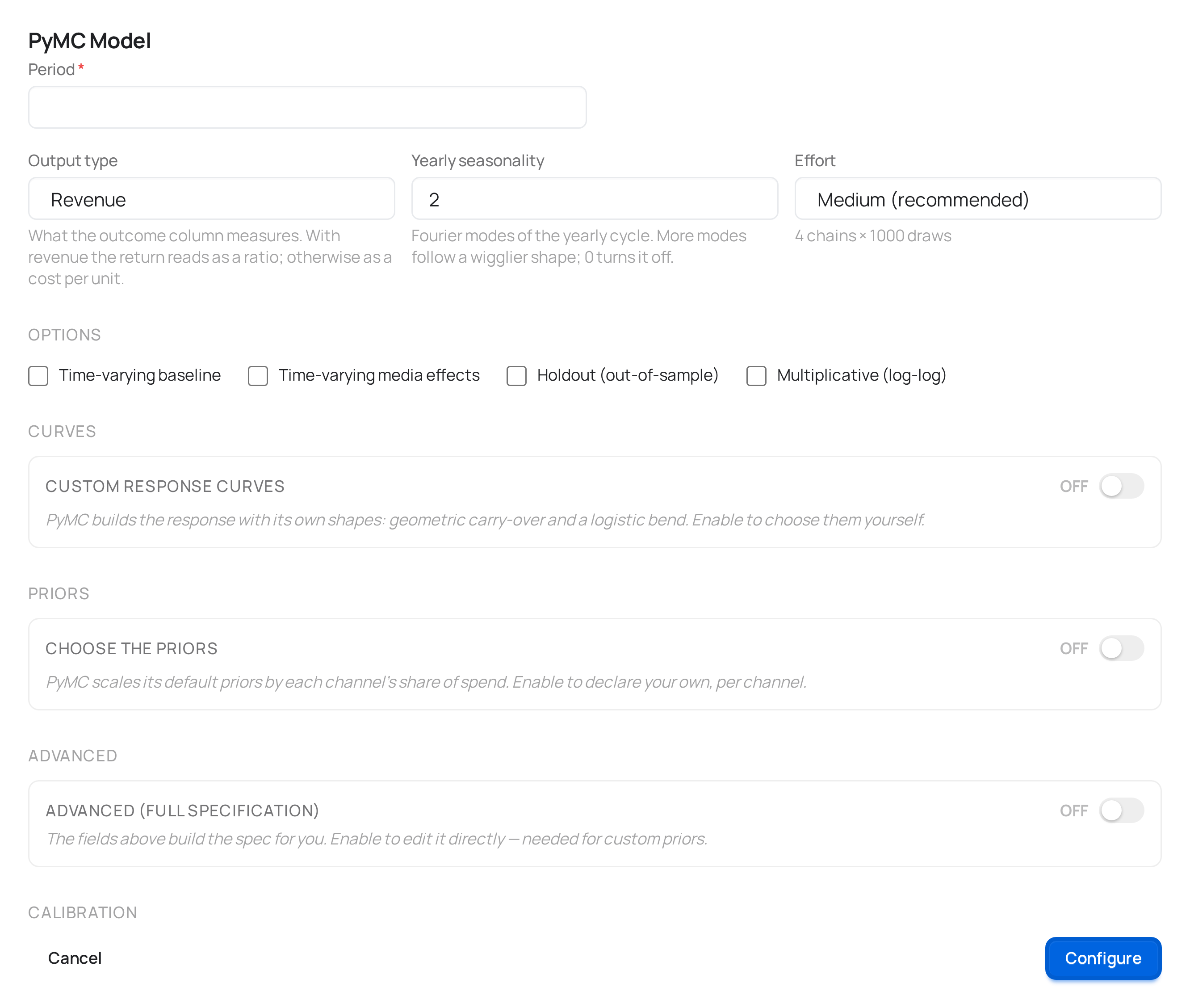 The PyMC guided configuration modal