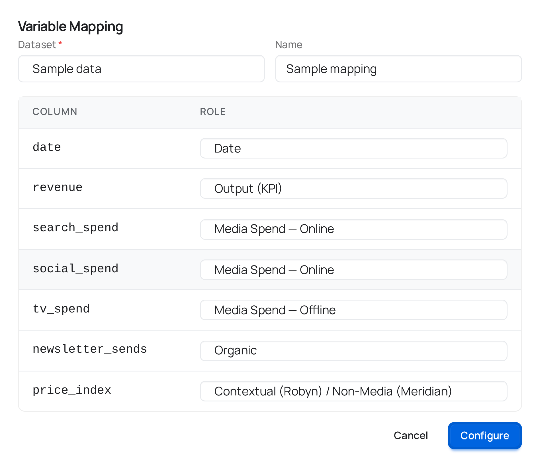 The variables mapping modal