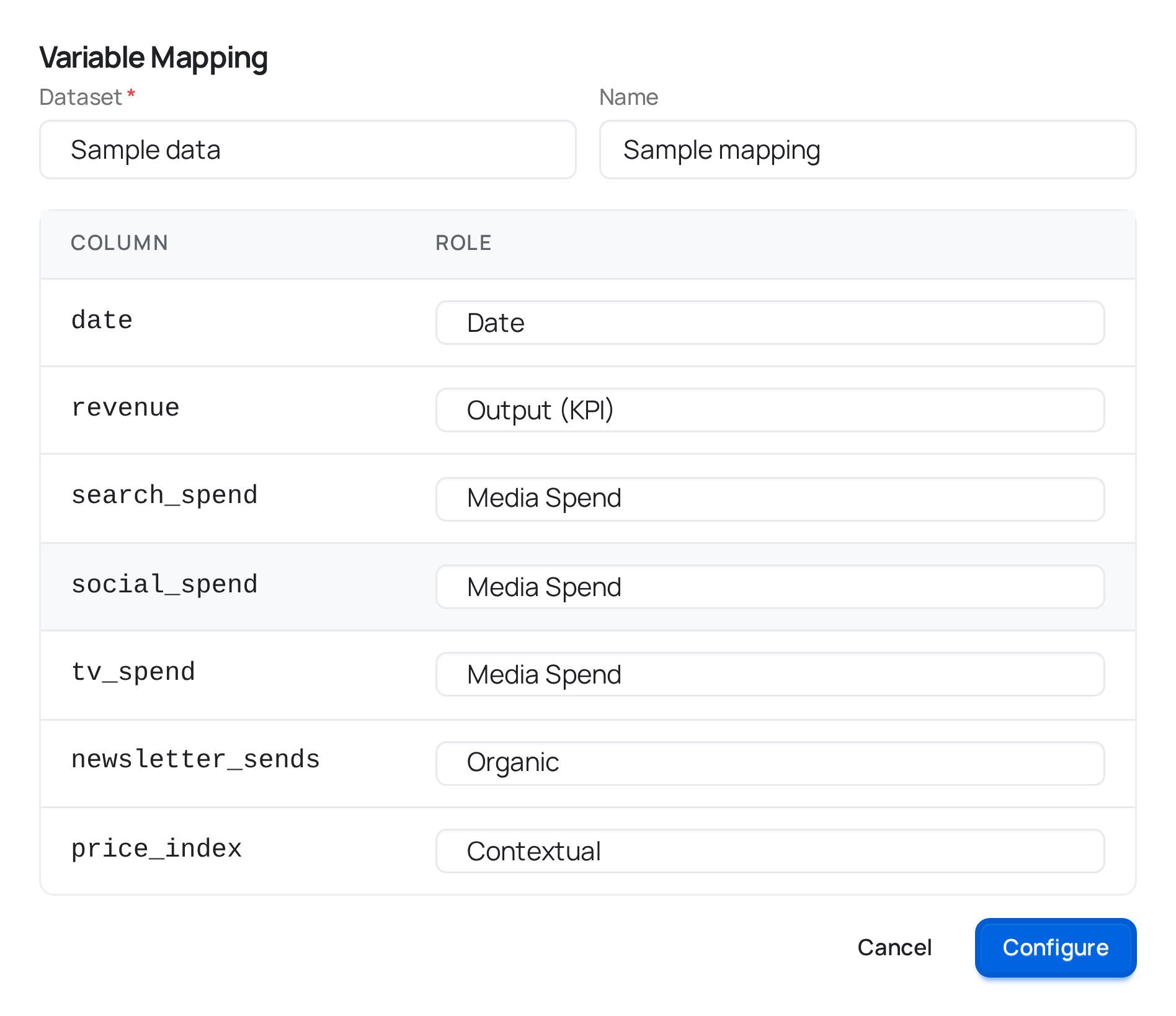 The variables mapping modal